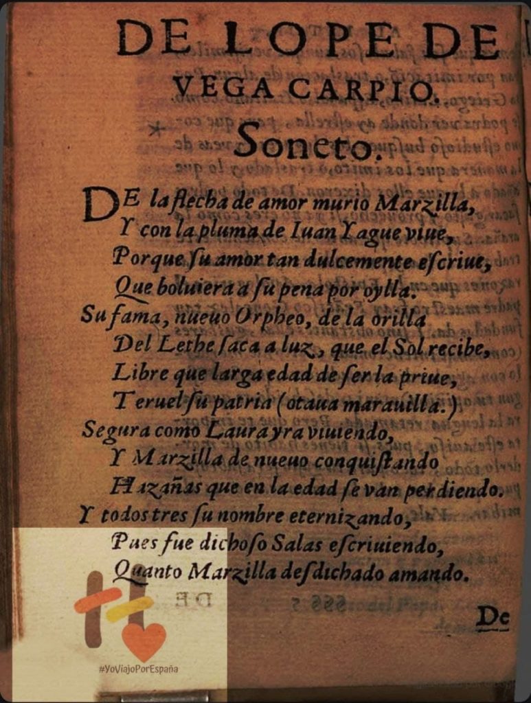 Foto de la edidicón original de los Amantes deTeruel de Yagüe con la dedicatoria de Lope de Vega