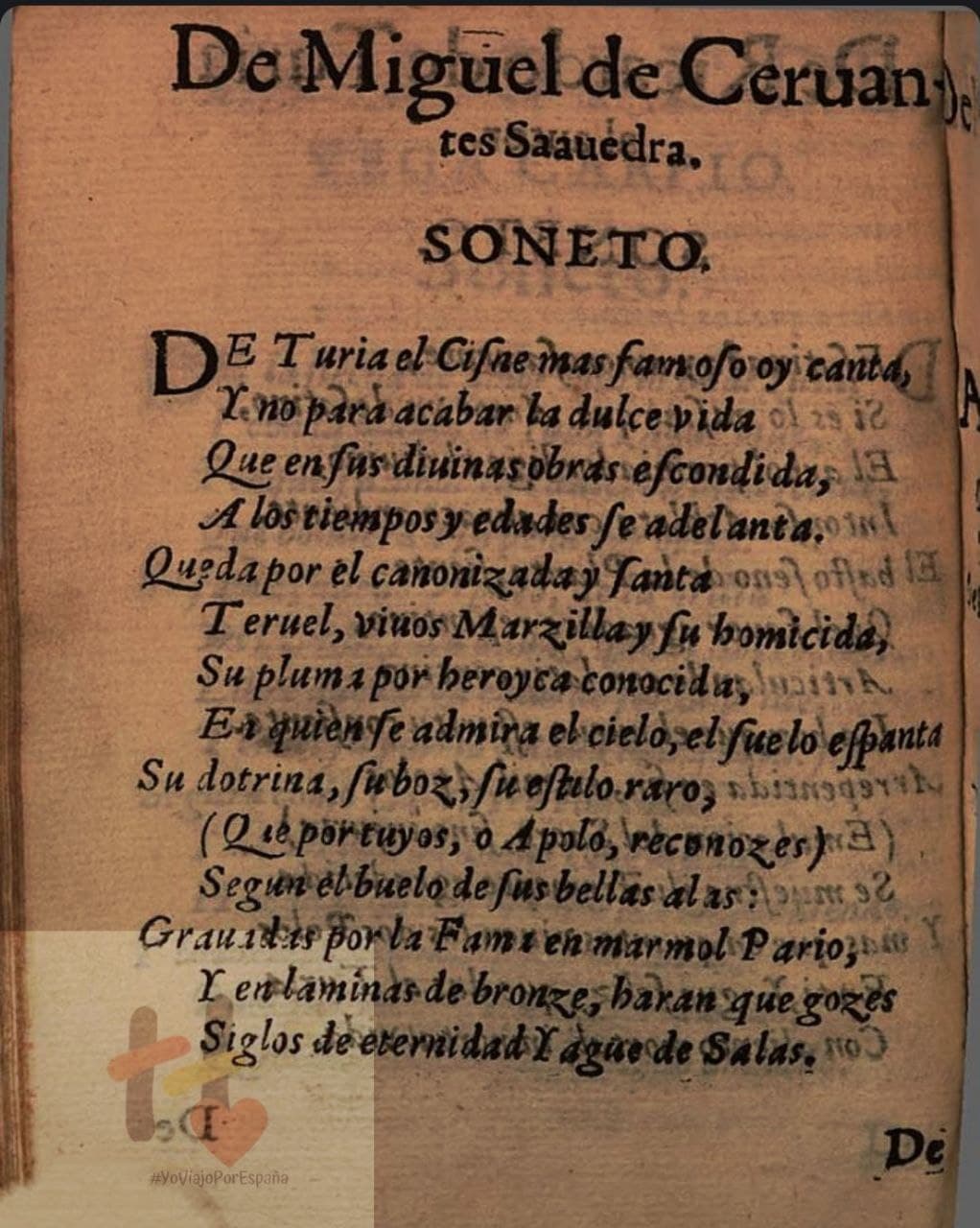 Imagen del Soneto de Miguel de Cervantes en la edición original de los Amantes de Teruel de Yagüe de Salas